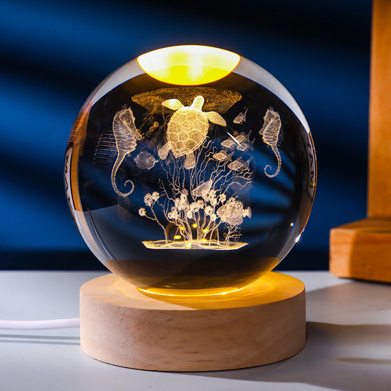 3D Laser Engraved Glowing Crystal Ball Ornament, Multi-Pattern Solid Wood Warm LED Base Night Light Gift