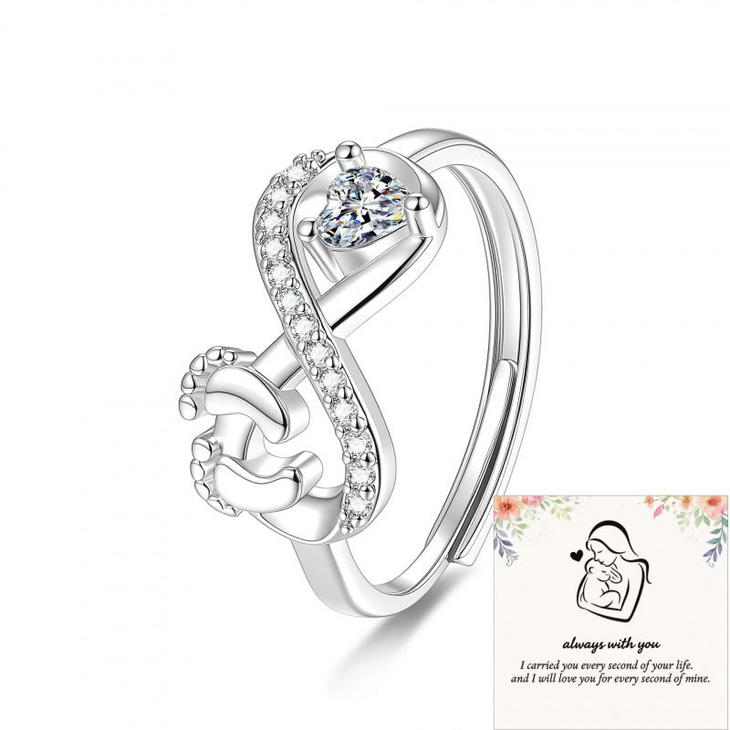 S925 Silver Heart Diamond Baby Footprint Open Ring (Luxury Memorial Band)