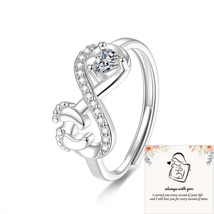 S925 Silver Heart Diamond Baby Footprint Open Ring (Luxury Memorial Band)