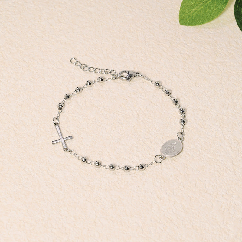 Beaded Chain Cross & Saint Medal Bracelet, Gold & Silver Minimal Religious Jewelry