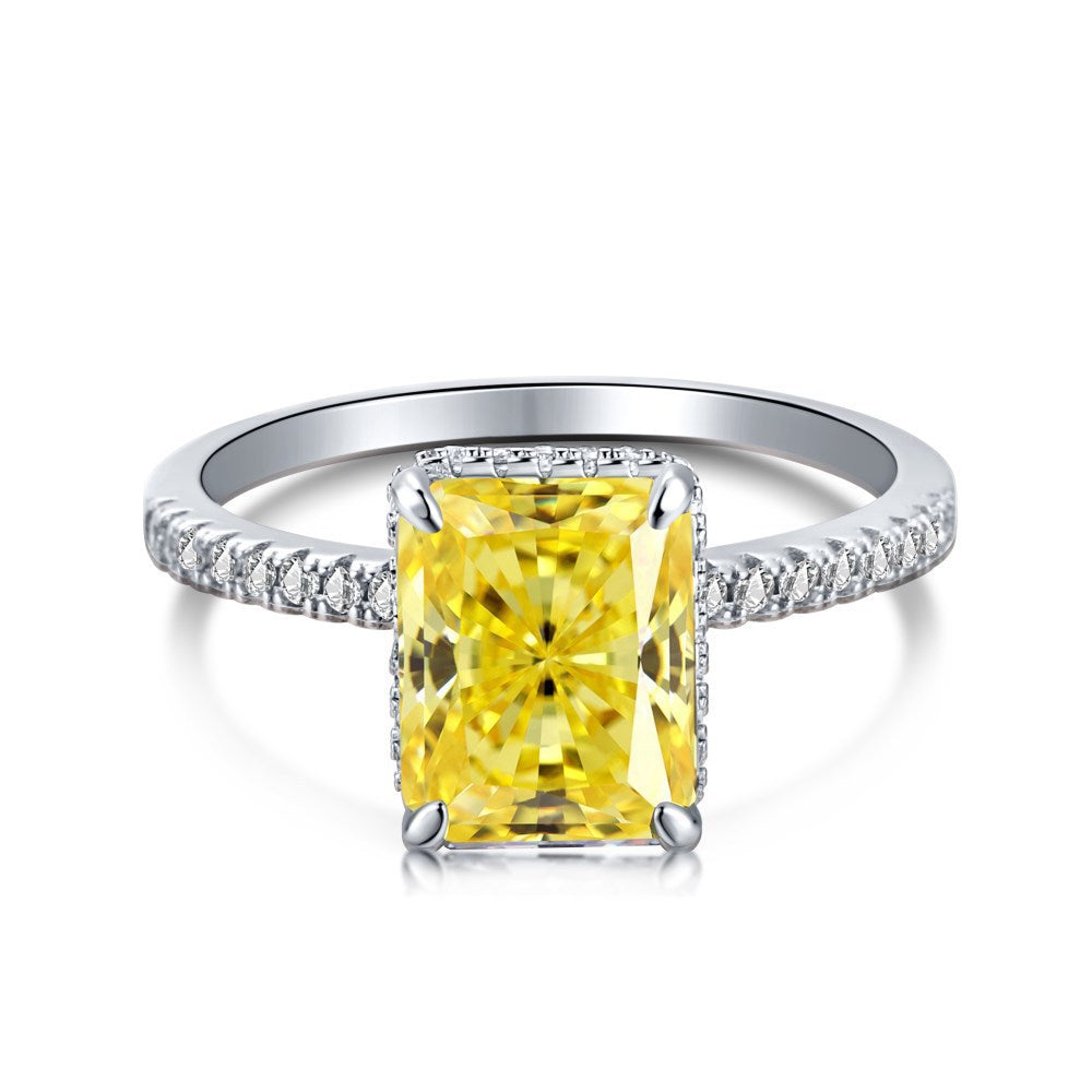 Radiant Cut Rectangular Gemstone Four-Prong Ring, Paved Shank Luxury Engagement Gem Band Multiple Colors