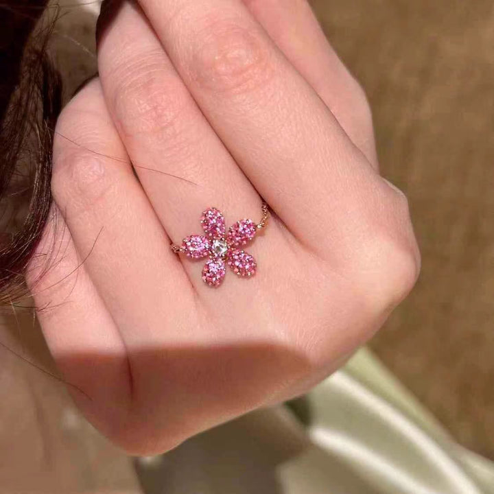 S925 Silver Colorful Pave‑Set Flower Chain Ring, Multi‑Color Adjustable Five‑Petal Soft Band Ring for Women