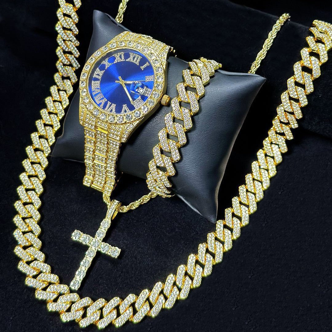 Men's Iced Out Jewelry 4-Piece Set, Hip Hop Diamond Watch with Calendar + Cuban Bracelet + Cross Pendant Necklace Gift Set