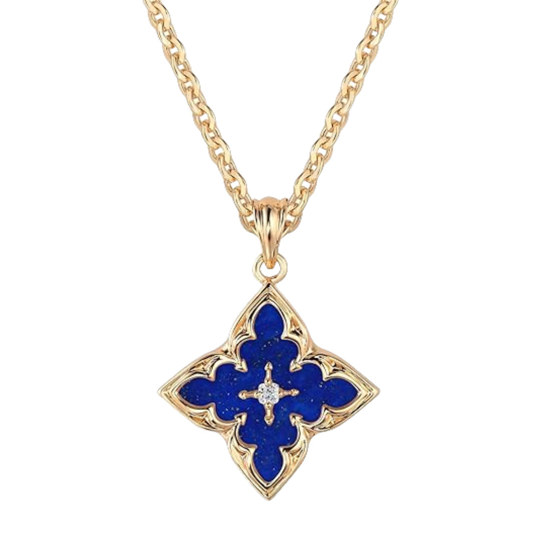 Vintage Four-Leaf Clover Gemstone Necklace, S925 Sterling Silver Multi-Stone Rhombus Pendant Jewelry