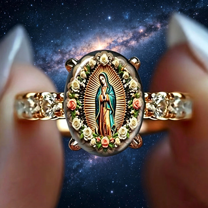 Our Lady of Guadalupe Floral Diamond‑Accented Religious Ring For Women