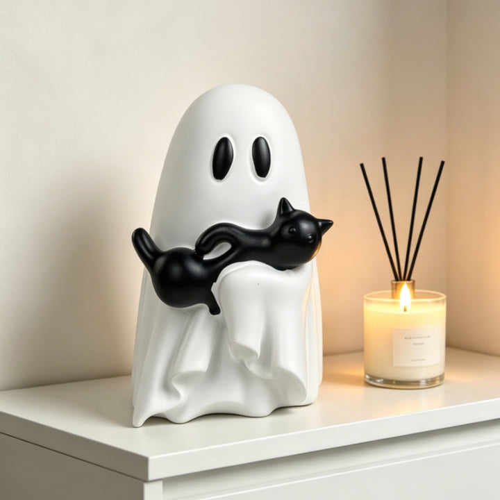 Ghost With Interchangeable Black Cat Figurine, Halloween Home Decor