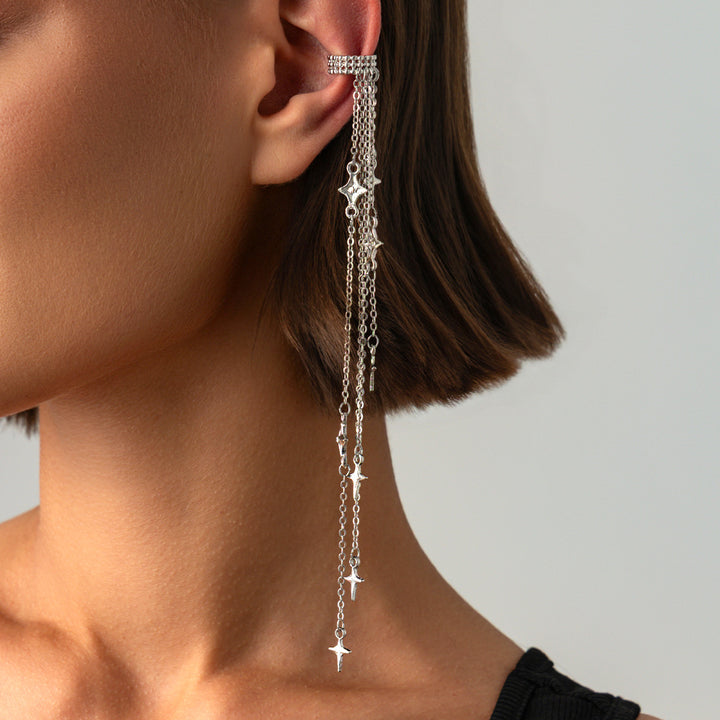 Multi-Style Long Tassel Non-Pierced Ear Cuffs, Various Chain Star & Bead Dangle Minimal Ear Clips in Gold & Silver