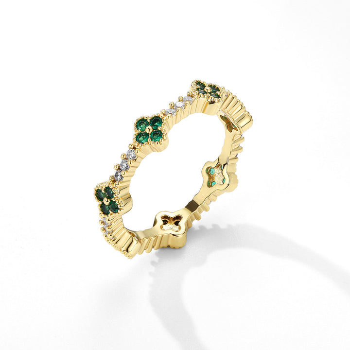 Four-Leaf Clover Pavé Gear Edge Ring Set (Luxury Vintage Lucky Band)