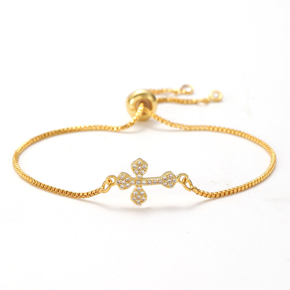 Openwork cross zircon micro-pave bracelet, waterproof and hypoallergenic jewelry for women.