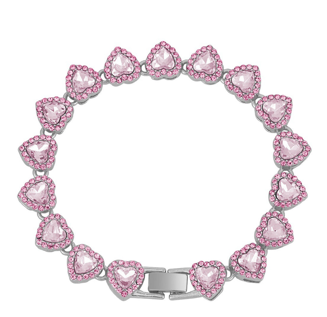 Full Paved Heart Chain Bracelet & Necklace Set, Sweet Style Dual-tone Heart Halo Diamond Matching Jewelry for Women & Couples