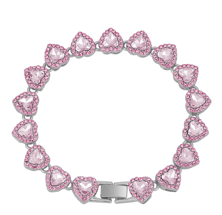 Full Paved Heart Chain Bracelet & Necklace Set, Sweet Style Dual-tone Heart Halo Diamond Matching Jewelry for Women & Couples