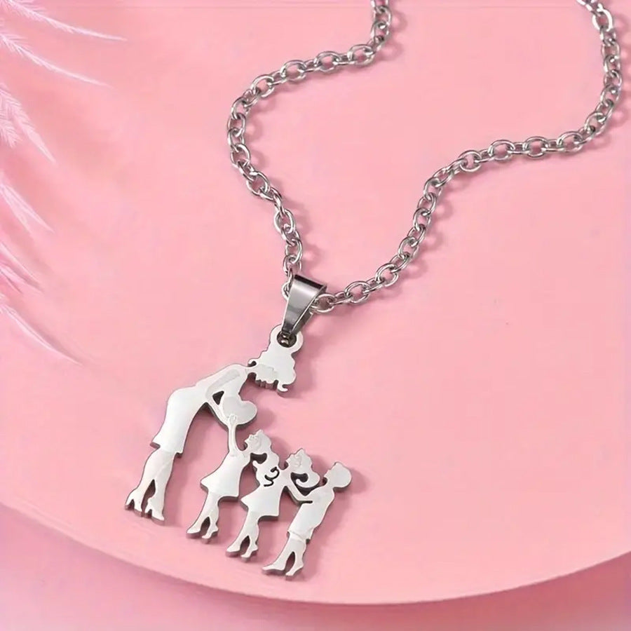 Mother & Kids Silhouette Pendant Necklace, 316L Titanium Steel Silver Plated Family Keepsake Necklace, Multiple Figures, Gold & Silver Family Jewelry