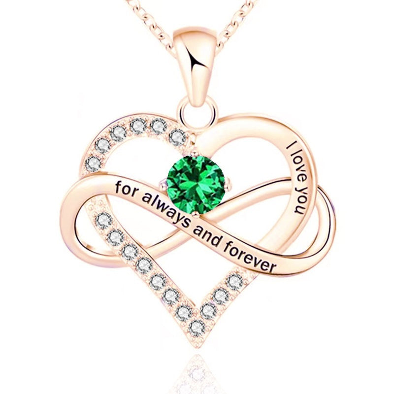 Infinity Intertwined Heart Engraved Birthstone Necklace, Eternal Love Heart Pendant Clavicle Chain with Birthstone