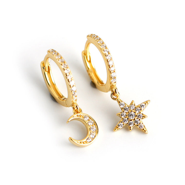 Asymmetric Moon & Star Diamond Huggie Earrings (2 Colors Delicate Dangle Hoops)