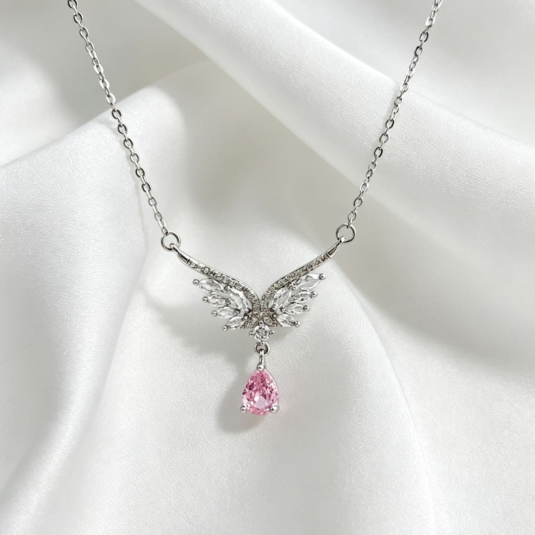 Angel Wing Teardrop Diamond Collarbone Necklace, Multiple Wing Styles Pink & White Diamond 14K Gold Plated Dainty Ladies Necklace