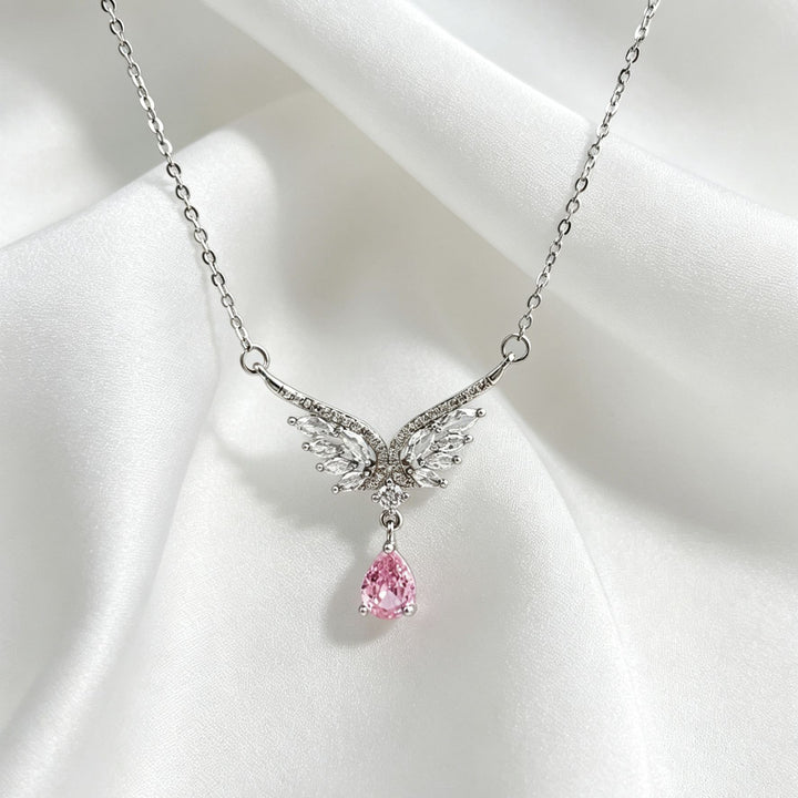 Angel Wing Teardrop Diamond Collarbone Necklace, Multiple Wing Styles Pink & White Diamond 14K Gold Plated Dainty Ladies Necklace