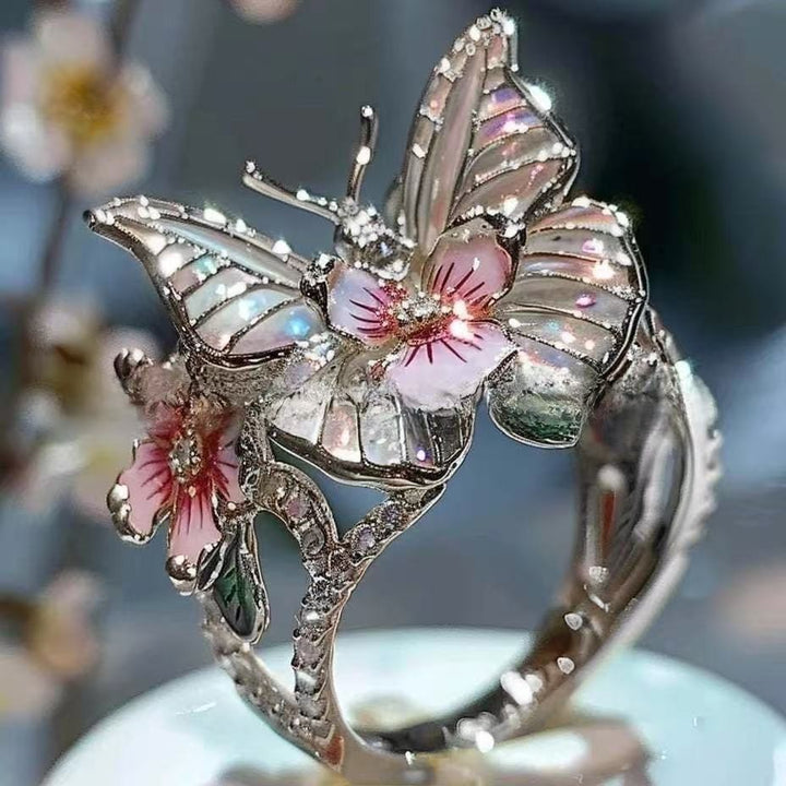 Enamel Butterfly & Flower 3D Open Ring, 3-Tone Vintage Forest Style Paved Diamond Artistic Statement Ring for Women