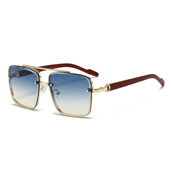 Vintage Double Rim Half-Rim Wood Grain Metal Aviator Sunglasses, Multi Gradient Lens Outdoor Shades