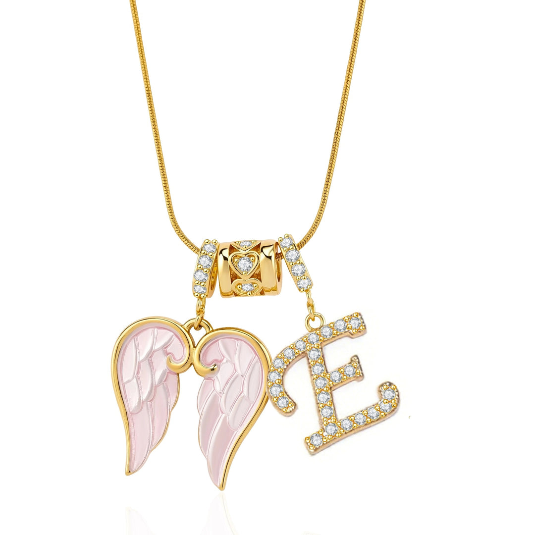 Pink Enamel Angel Wing Initial Necklace, Custom 26 Letters Gold Plated Diamond Pendant