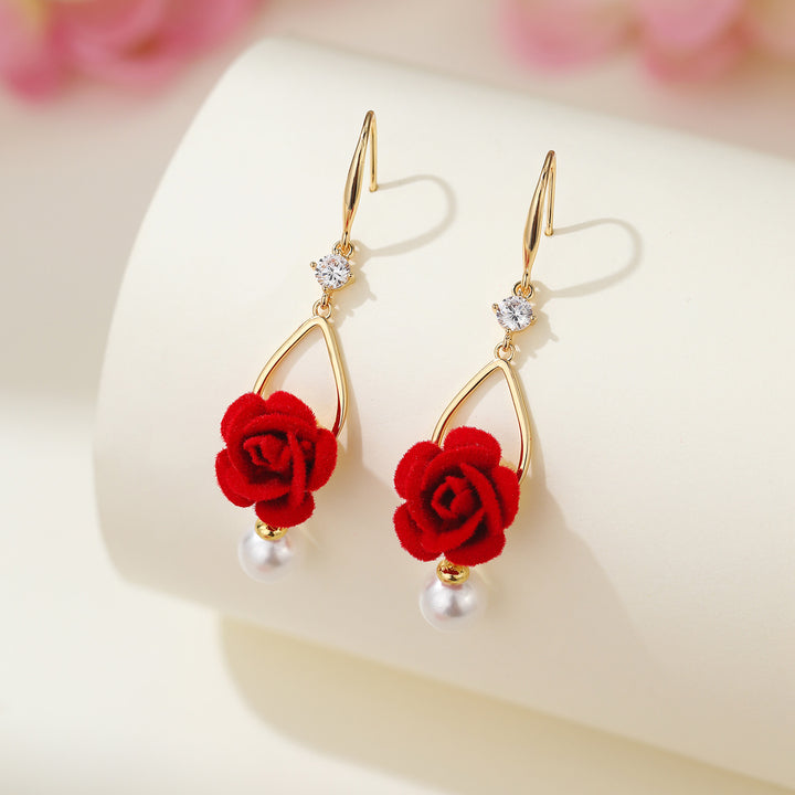Flocking Rose Pearl Hook Earrings, Gentle Red & Pink Rose Diamond Long Dangle Earrings, Two Colors Available
