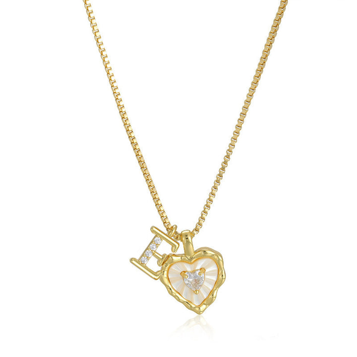 White Shell Heart Initial Necklace, Wavy Edge Mother of Pearl Pendant with Heart Diamond, Custom 26 Letters Gold Box Chain