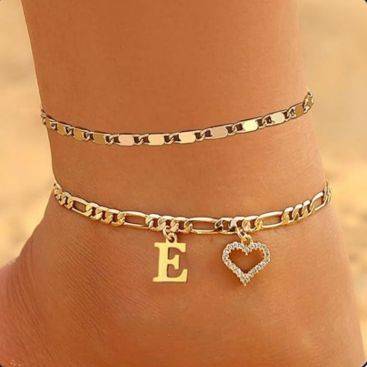 Double Layer Initial & Heart diamond Anklet (Gold Personalized Foot Jewelry)