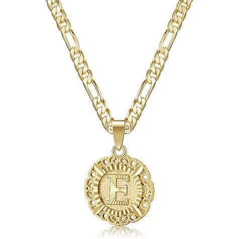 Vintage Lace Round 26 Letter Figaro Necklace, 14K Gold Plated Personal Initial Pendant Clavicle Chain