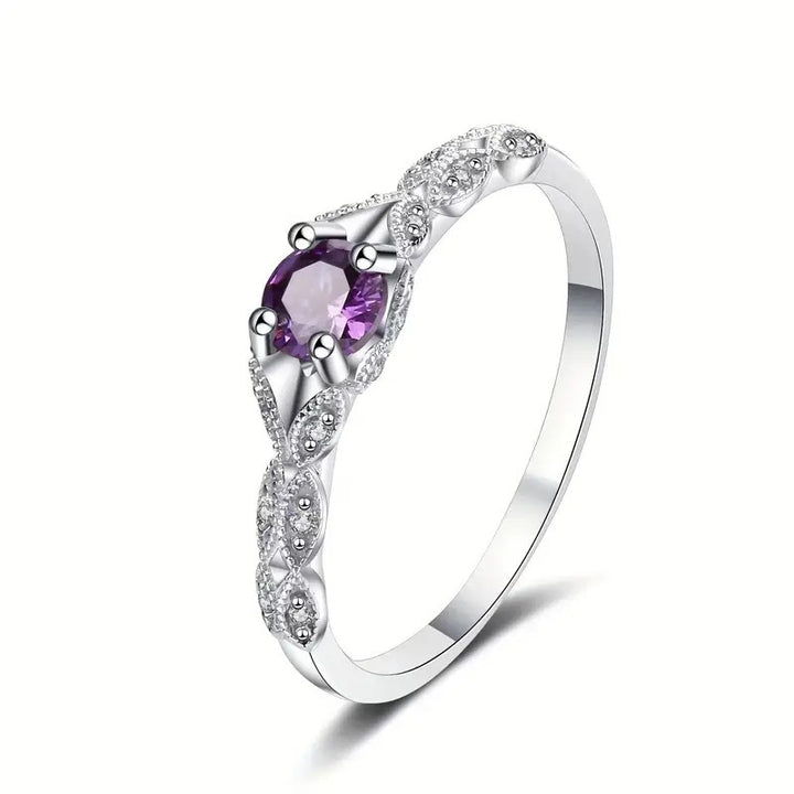 Four‑Prong Main Stone Leaf‑Shaped Pave Silver Ring, Multi‑Color Options