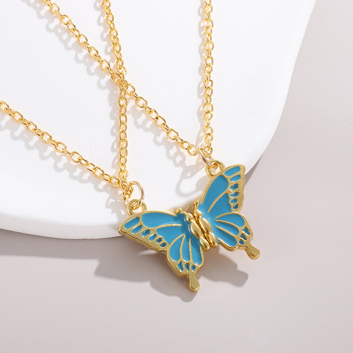 Color Enamel Butterfly Clavicle Necklace, Multi-Color Gold Border Minimal Pendant Necklace for Women