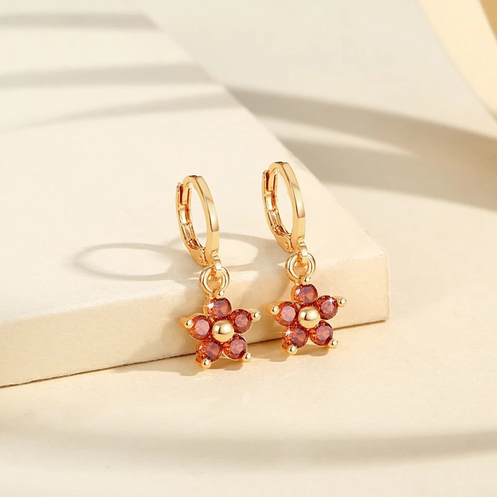 S925 Silver Paved Small Flower Huggie Earrings, Multi-color Delicate Five-petal Flower Drop Earrings