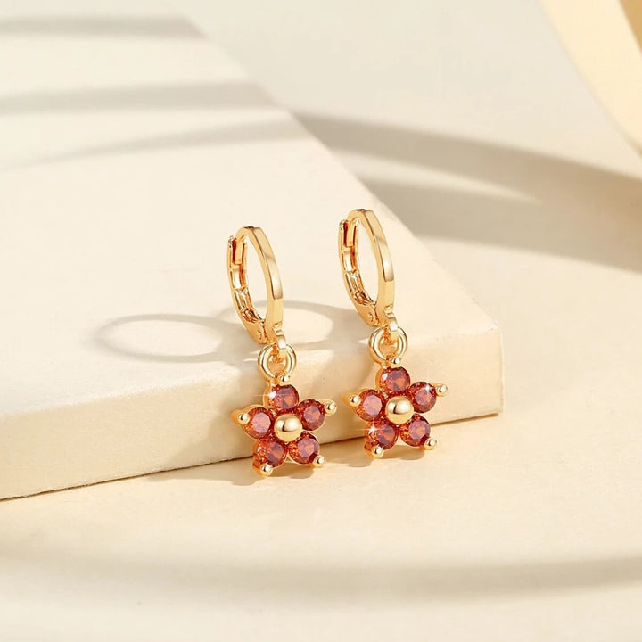 S925 Silver Paved Small Flower Huggie Earrings, Multi-color Delicate Five-petal Flower Drop Earrings