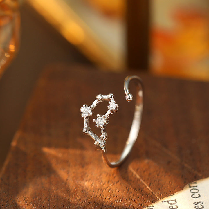 925 Silver Diamond-Inlaid 12 Constellations Open Adjustable Ring (Unisex Luxury Personalized Style)