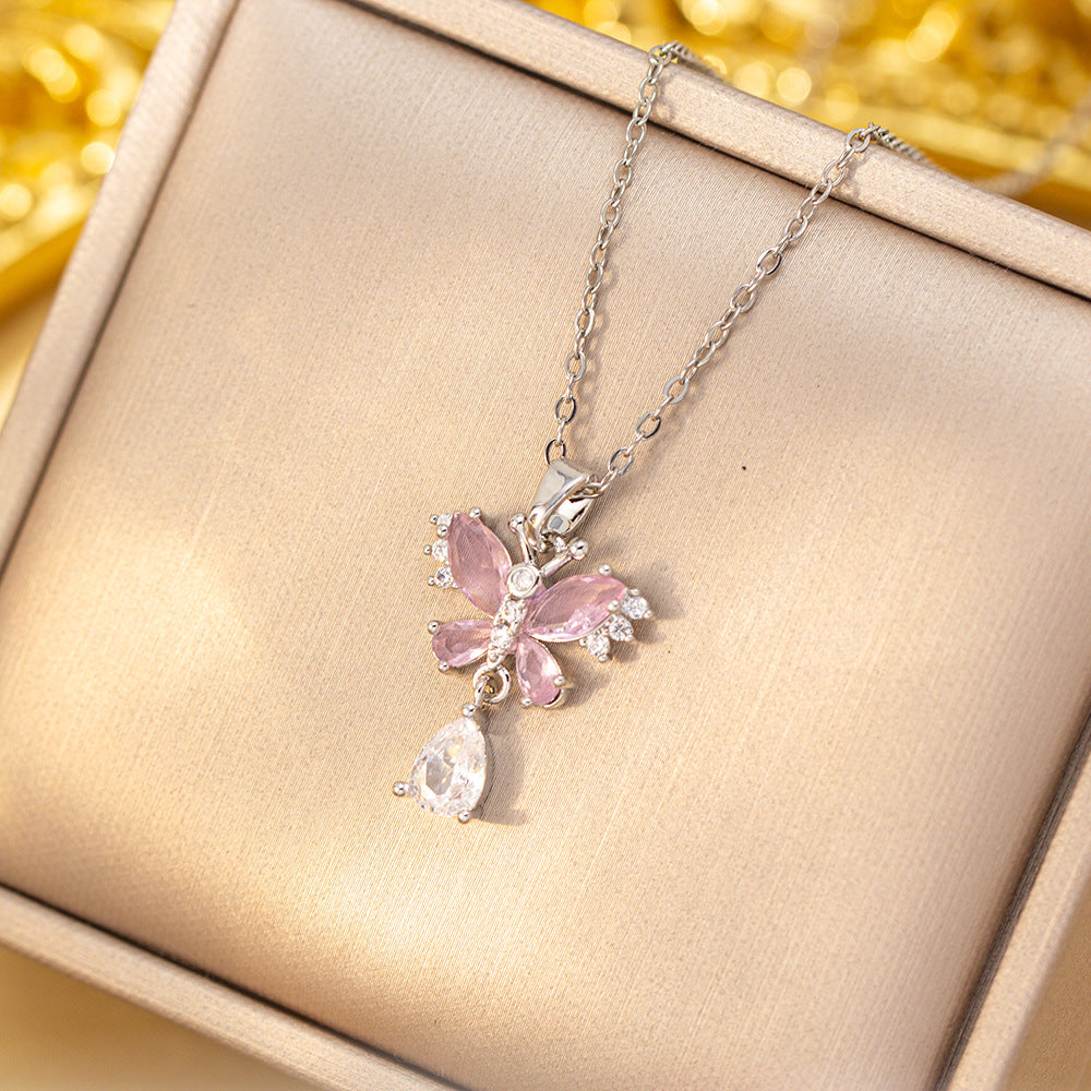 Double Butterfly Colored Diamond & Teardrop Pendant Choker (Sweet-Cool Girlish Heart Light Luxury Style)