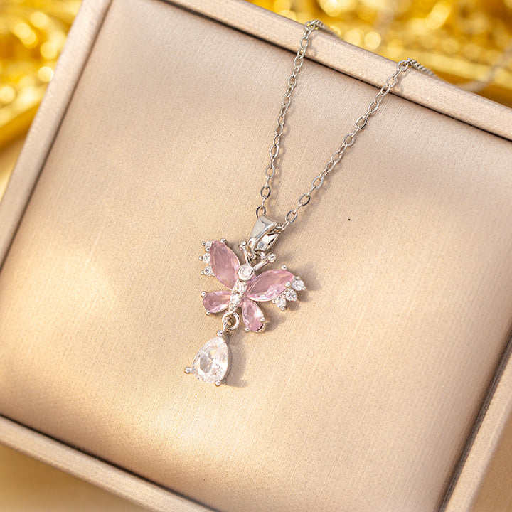 Double Butterfly Colored Diamond & Teardrop Pendant Choker (Sweet-Cool Girlish Heart Light Luxury Style)