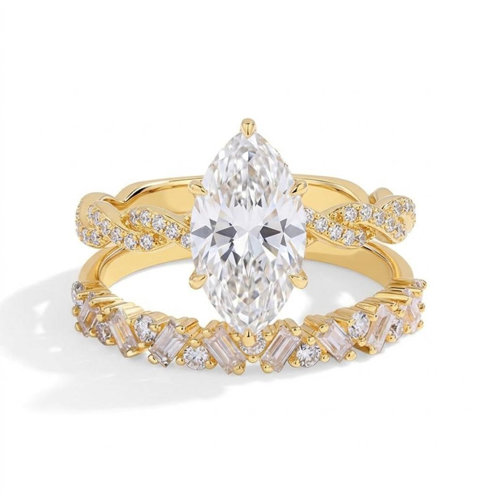 Marquise Twisted Engagement Ring Set, Vine Twist Main Ring & Baguette Eternity Band 2Pcs Stacking Wedding Rings Gold Silver Bridal Jewelry