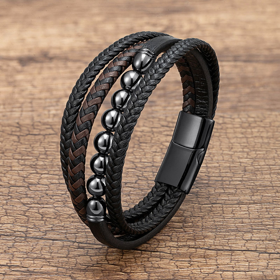 Natural Stone Beaded Braided Leather Men's Bracelet (Multi-Color Magnetic Clasp Wristband)