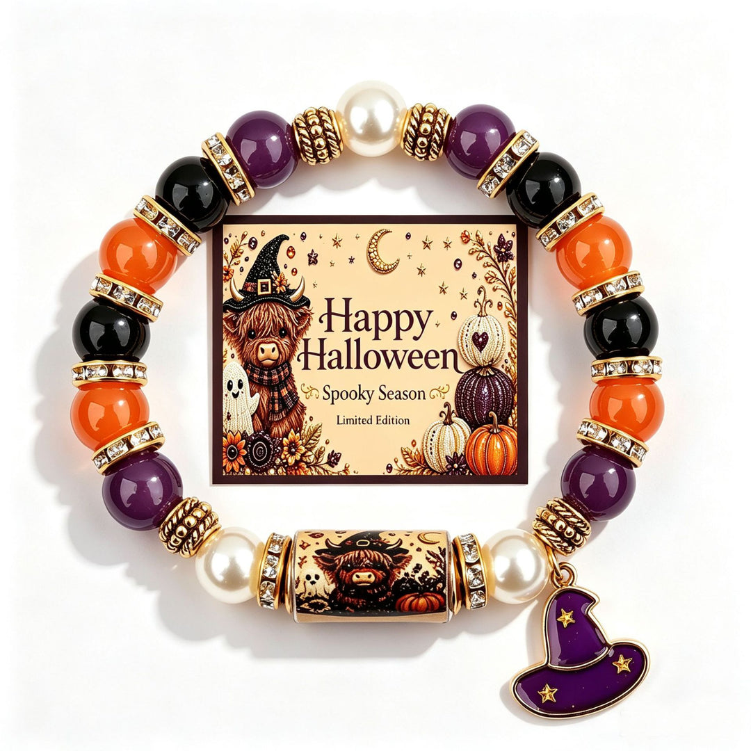 Halloween Skull Moon Star Beaded Stretch Bracelet, Vintage Pumpkin Themed Wrist Jewelry