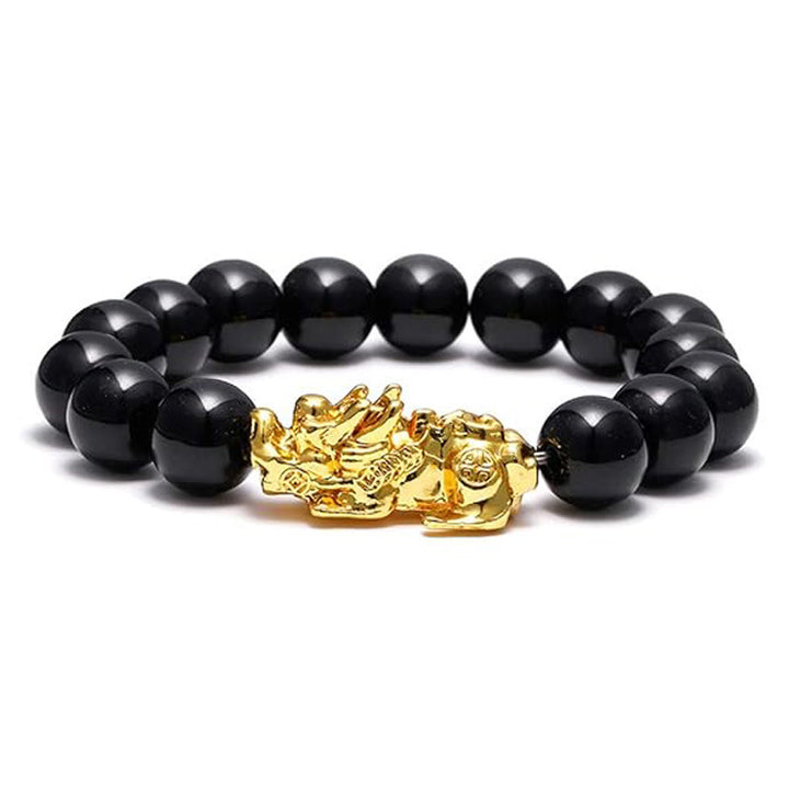 Gold‑Plated Pi Xiu Obsidian Bracelet, Six‑Word Mantra Black Round Bead Multi‑Style Men Single Strand Bracelet