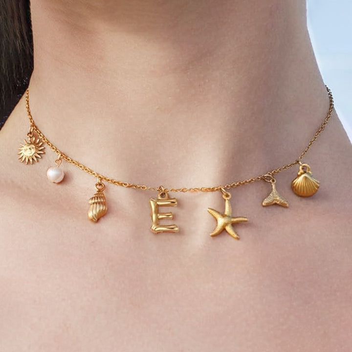 Ocean Vacation Multi-Charm Initial Choker, Starfish Shell Mermaid Tail Sun Pearl Custom Letter Thin Necklace for Women