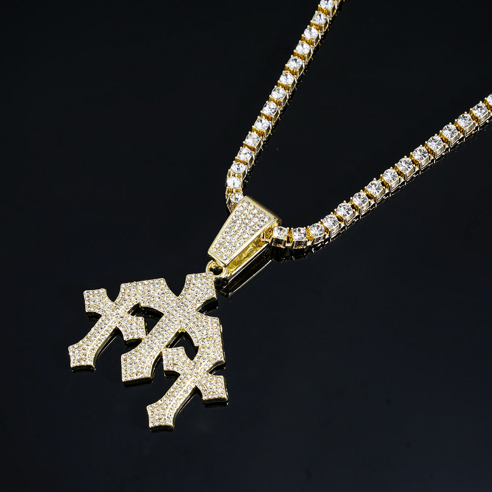 Iced Out Triple Cross Pendant Cuban Link Necklace, Hip Hop Heavy Diamond Chunky Chain Unisex Long Statement Necklace