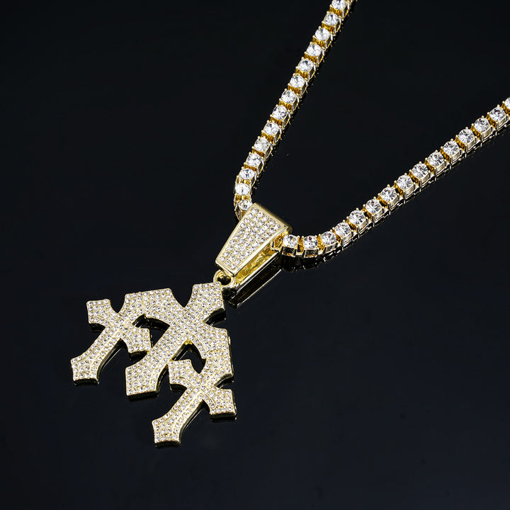 Iced Out Triple Cross Pendant Cuban Link Necklace, Hip Hop Heavy Diamond Chunky Chain Unisex Long Statement Necklace