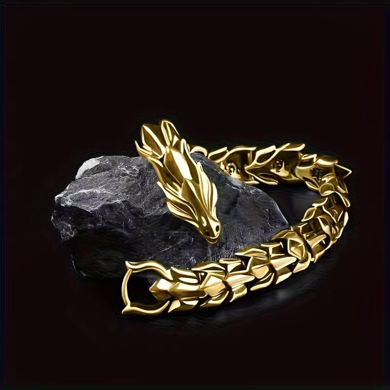 3D Monster Bone Titanium Steel Men's Bracelet, Gold Silver Two-Tone Tough Scale Thick Chain Vintage Wrist Jewelry