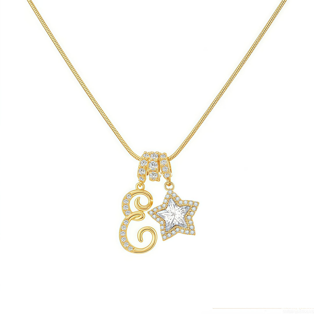 Script Initial Pave Star Dual Charm Snake Chain Necklace, Gold & Silver Custom Letter Choker