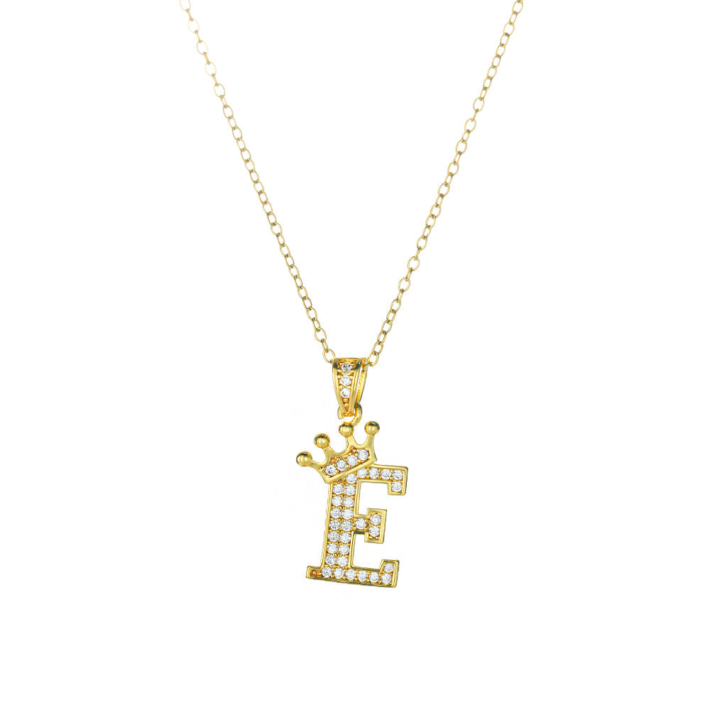 Crown Paved Diamond Initial Letter Necklace, 14K Gold Plated Personalized Dainty Chain, A-Z Available