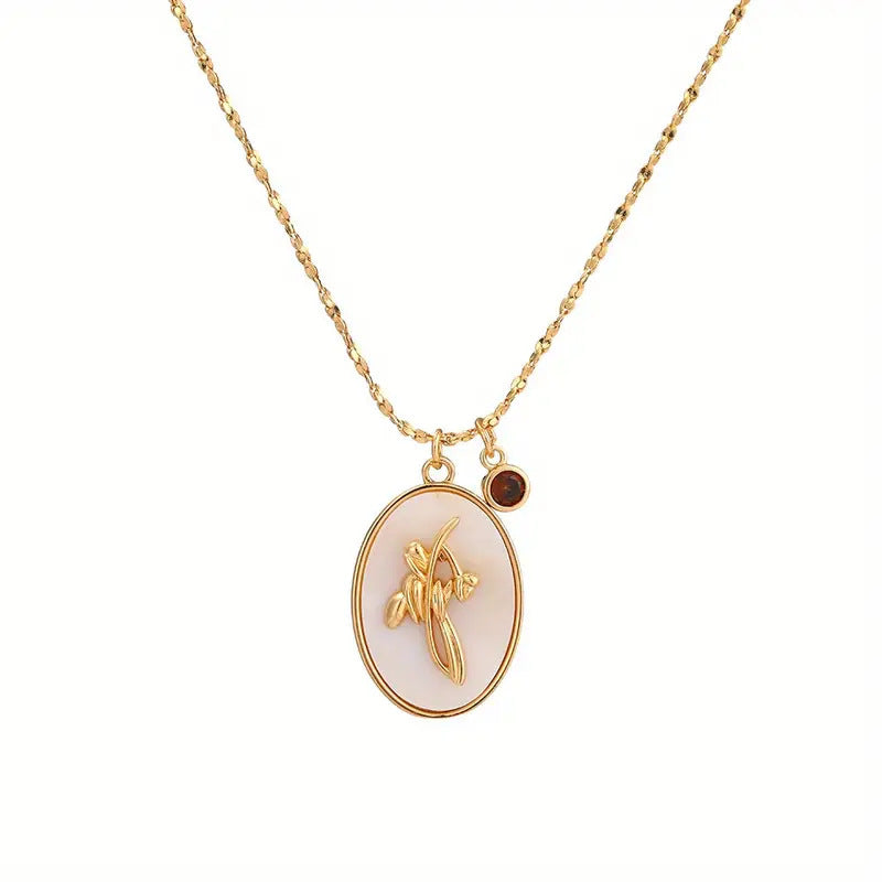 Mother-of-Pearl Carnation Birthstone Necklace (Gentle Gold Tone Pendant)