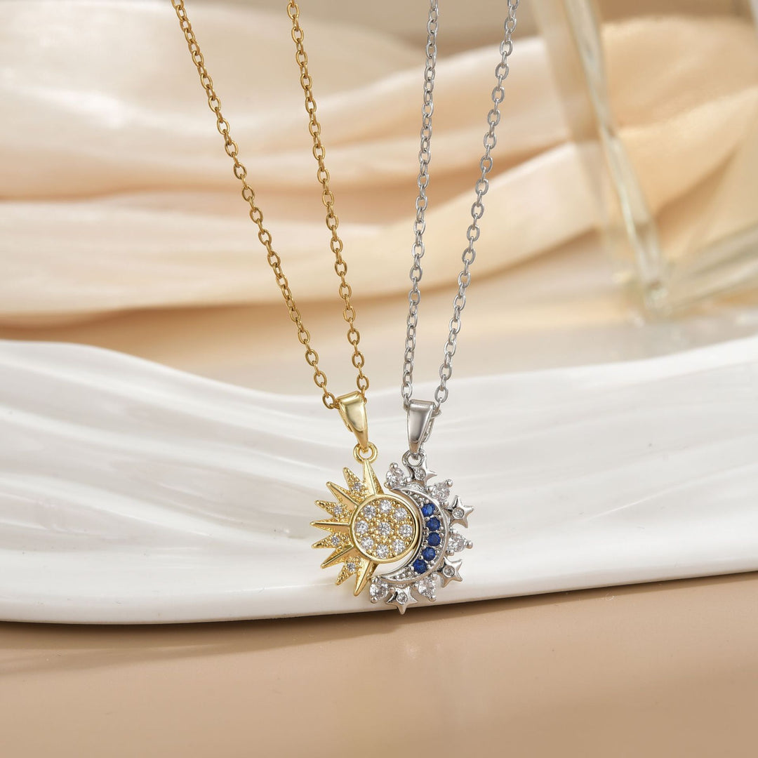 Detachable Sun & Moon Couple Necklaces, Multi-Color Paved Diamond Split Star Moon Pendant Dainty Clavicle Necklace