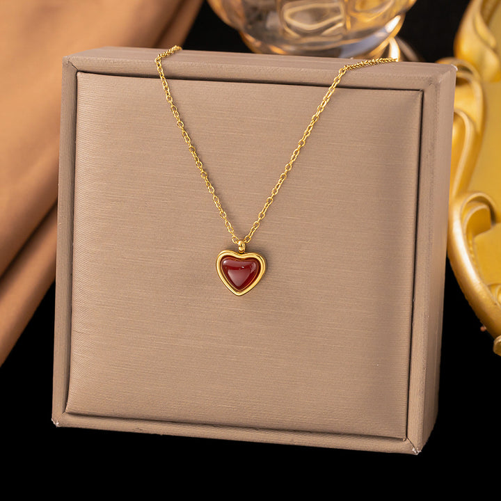 Sweet Heart Cat's Eye Jewelry Two-Piece Set, Gold-Plated Necklace & Stud Earrings Luxury Women Daily Accessory