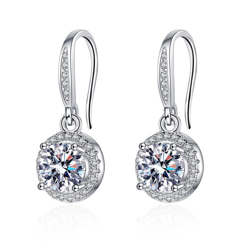 S925 Silver Round Halo Hook Earrings, Luxury Round Diamond Dangle Earrings