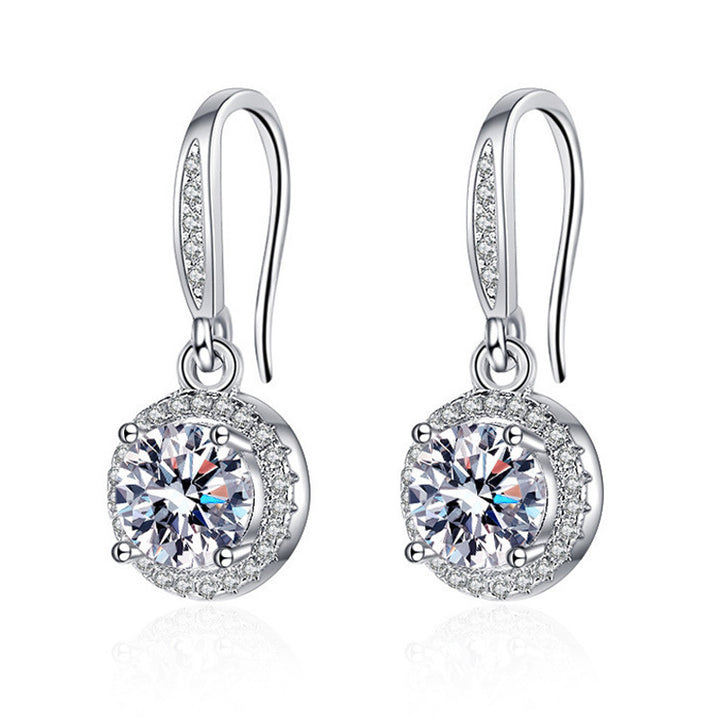 S925 Silver Round Halo Hook Earrings, Luxury Round Diamond Dangle Earrings