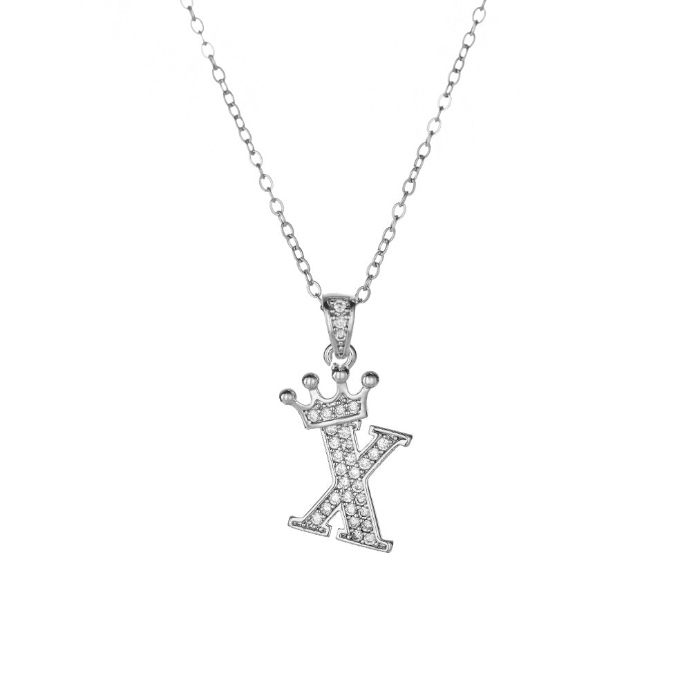 Crown Paved Diamond Initial Letter Necklace, 14K Gold Plated Personalized Dainty Chain, A-Z Available